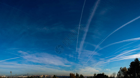 蓝色天空中云彩蓝的树木上方的空中背景图片