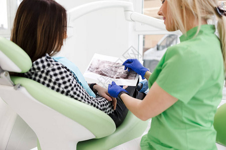 牙科诊所医生向他的病人展示一张全景X射线照片医生向她的病人解释背景图片