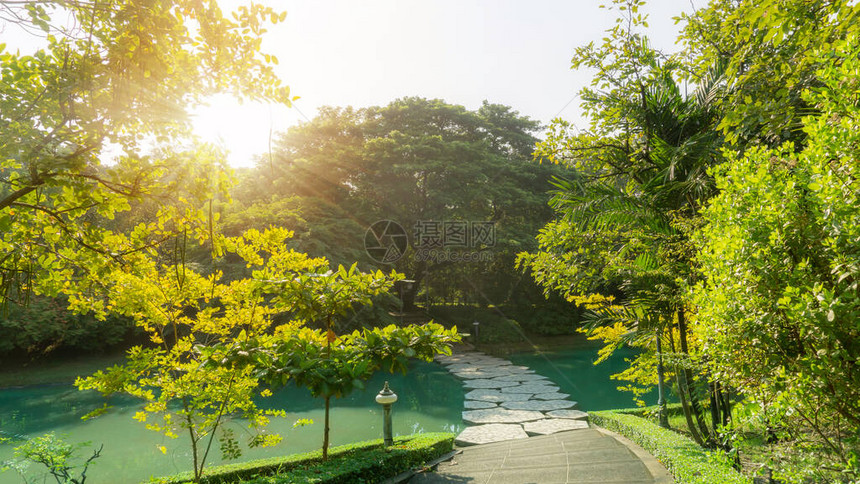 灰色的踏脚石曲线混凝土人行道和一座桥穿过公园绿树灌木和灌木丛中的干净湖泊图片