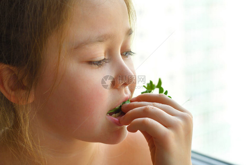 快乐的女孩吃豌豆microgreenvegeterianconceptgood胃口春季维生素缺乏症发芽蔬菜从亚麻垫上的优质有机植图片