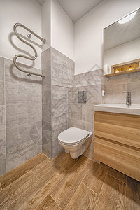 现代瓷砖式厕所室内马桶座椅和有棕色瓷砖图片