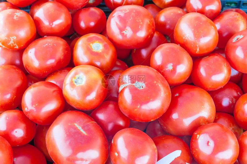 美国华盛顿农民市场食品箱中的有机红番茄图片