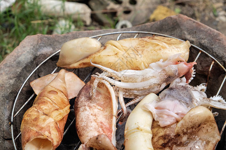火烤大鱿鱼传统烹饪海鲜对象图片