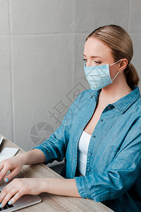 在办公室用笔记本电脑工作的妇女身戴医图片