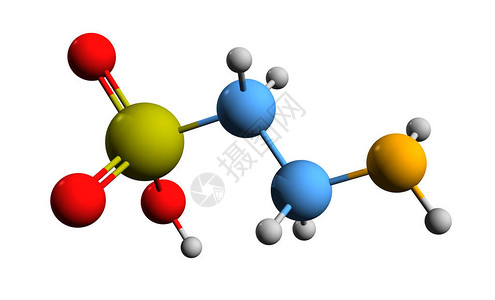 磺酸盐Taurine骨骼配方3D图像白底分离的2氨基乙烷硫酸背景