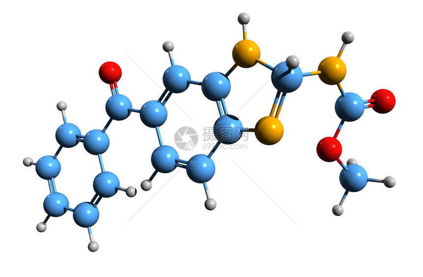 3DMebendazonole骨骼配方在白色背景上隔离的MBZ抗血清剂分子化学图片
