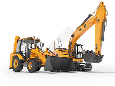 3d将橙色建筑机械拖拉机和挖土机用白色底面图片