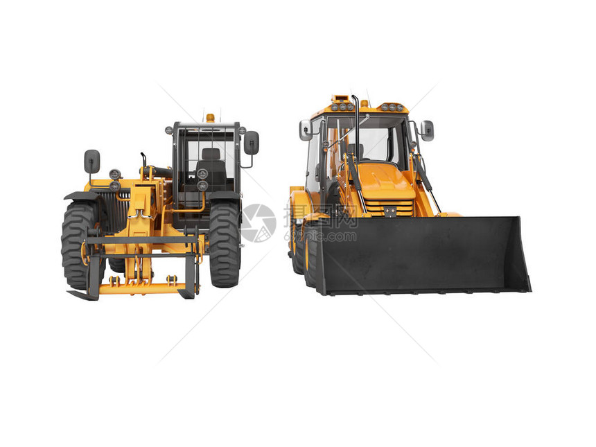 3d使橙色装载设备背鞋装货机和挖土机在白色背景上无影子的图片