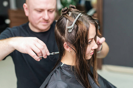 专业美发师正在美容院剪掉女人的棕色头发图片