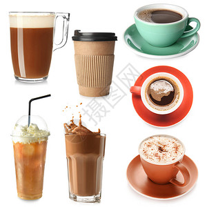 白色背景不同种类的咖啡饮料图片