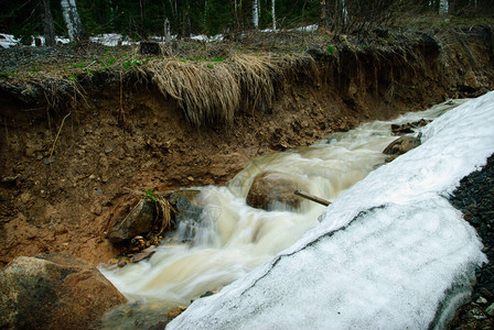 春溪在雪和冰川融化后获得了力量冲下新的河道洗清了土壤图片