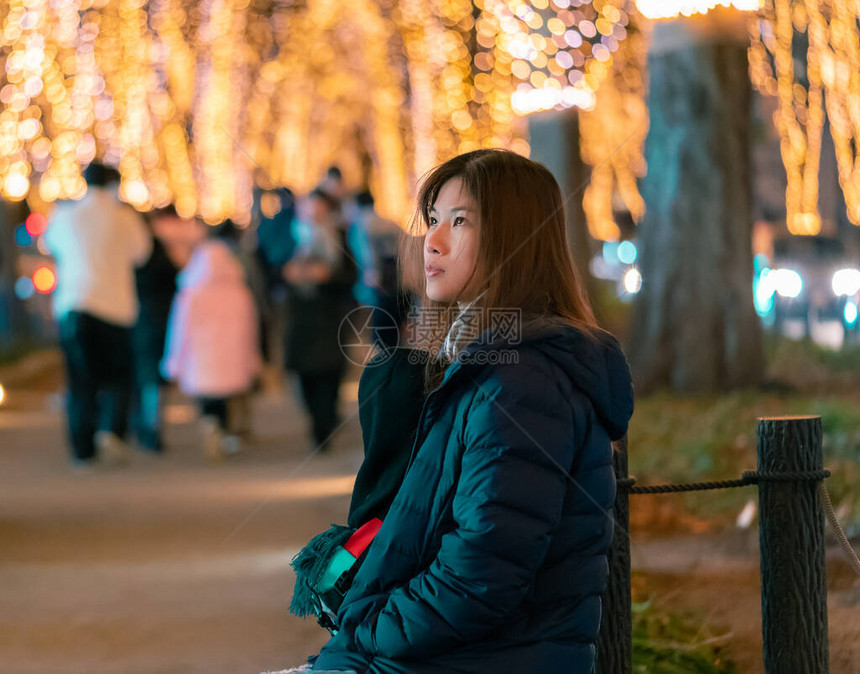 在日本仙台的JozenjiChristmas灯光节日夜装着冬衣的图片