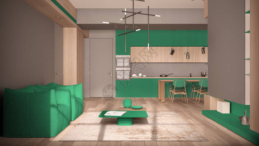 绿松石色调的简约客厅和厨房图片