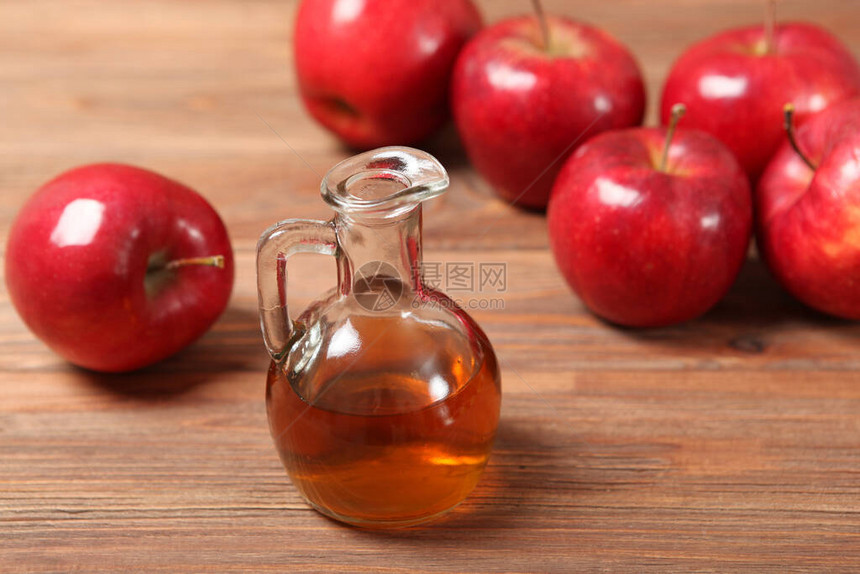 苹果和苹果醋在桌子上图片