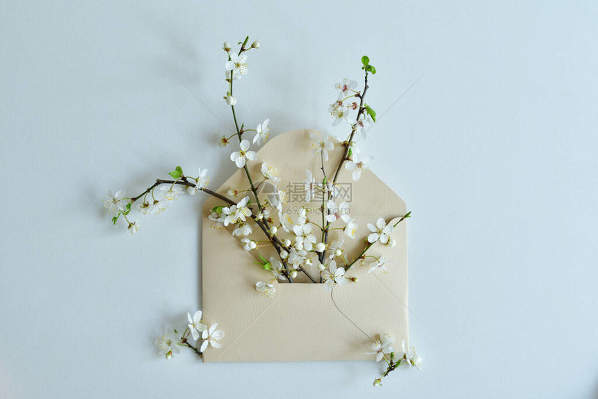 带有信封和绿色Twigson白色背景的弹簧组成用木字发短信这是春天生日快乐或复活节妇女节母亲图片