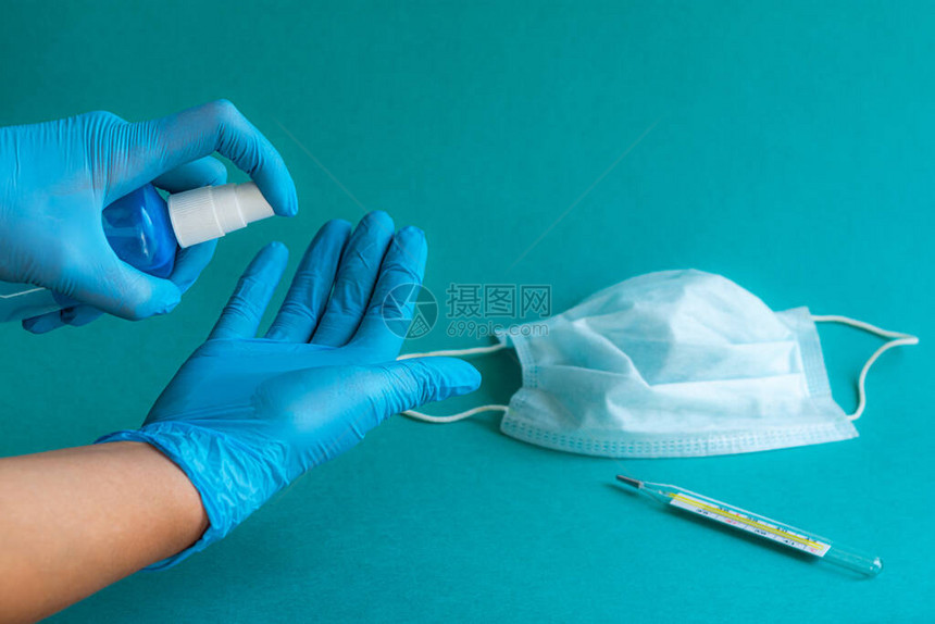 手套女手套蓝色医用手套医用温度计医用口罩静物冠状的消毒处理流感或头孢病图片