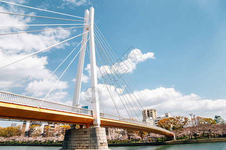 日本大阪春天的O河和大阪天马川崎桥图片