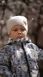 穿着灰色夹克和帽子的小可爱男孩的肖像在公图片