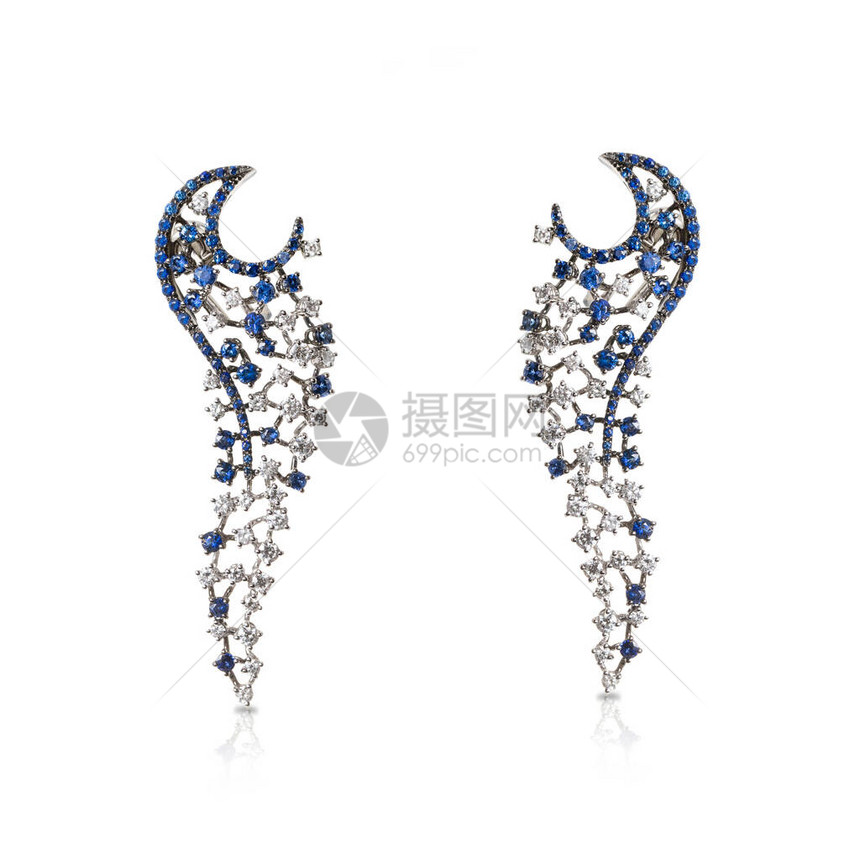 白金镂空耳环与白色钻石和蓝色宝石隔图片