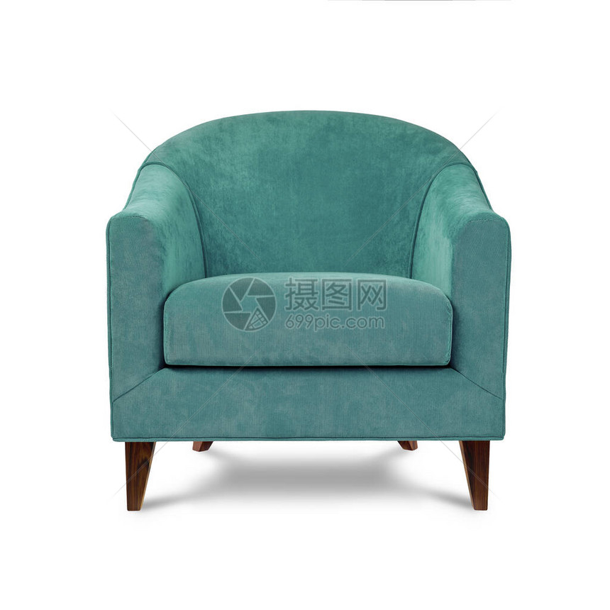 古老的扶手椅在松石天鹅绒上装饰艺术风格木腿在白色背景上被隔绝前视图片