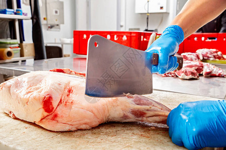 肉类生产车间屠夫的手在工作图片