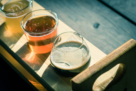 从美国得克萨斯州酿酒厂花园自然环境中的陶盘桨上调制手工艺饮料的最顶级品种室外木野餐桌上的啤酒飞图片