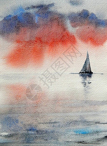 红色戏剧平静的海日落和孤独的游艇图片