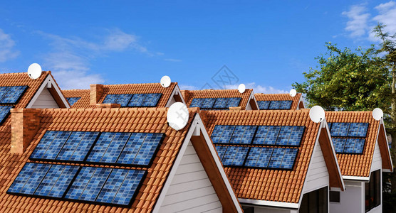 多座城镇房屋的顶上装有光伏太阳能电池板设备图片