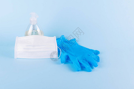 预防感染的防护套件凝胶洗手液面罩蓝色乳胶手套抗菌肥皂图片
