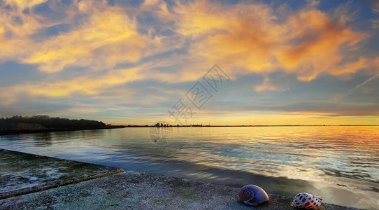 海蓝色浪漫粉红色多云天空橙色天际线海景的日落图片
