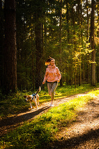 年轻女子和狗一起跑在森林里的格开朗的女和她的宠物一起在户外锻炼活图片