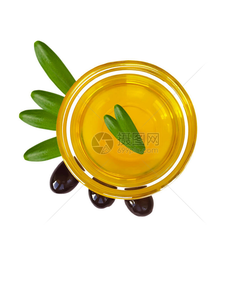 玻璃碗用橄榄油在白图片