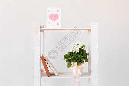 书架上的心脏书本和室内植物的图片图片