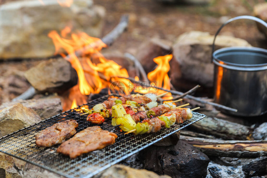 BBQSteak肉类烤肉在自然火灾气氛中露营放松时间在山上露营图片