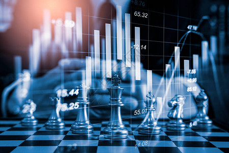 股票市场棋盘上的国际象棋游戏或金融投资概念的外汇交易图表数字业务营销策略分析的经济趋势抽背景图片