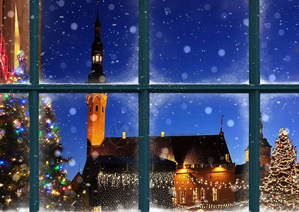 圣诞塔林旧市政厅广场在窗框绿树和爱沙尼亚假日旅游图片