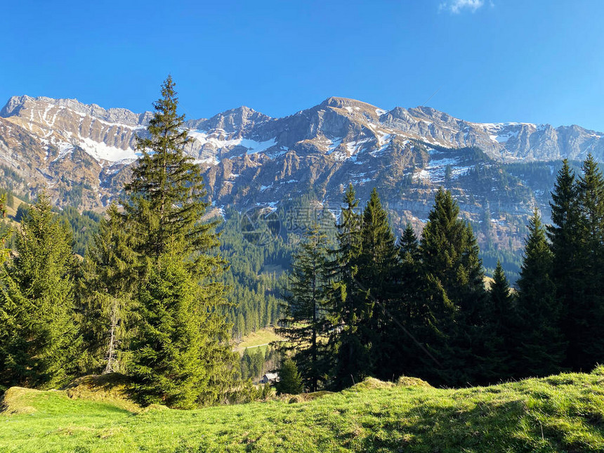阿尔卑斯山峰EselTomlishorn和Widderfeld在山地块皮拉图斯或皮拉图斯山图片