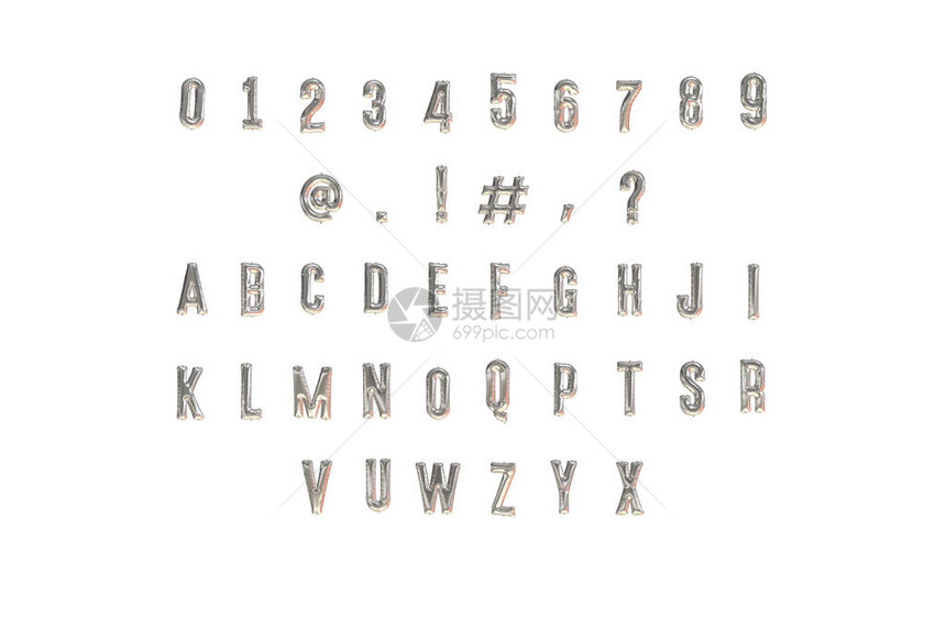 英文字母和数字由白纸上孤立的银图片