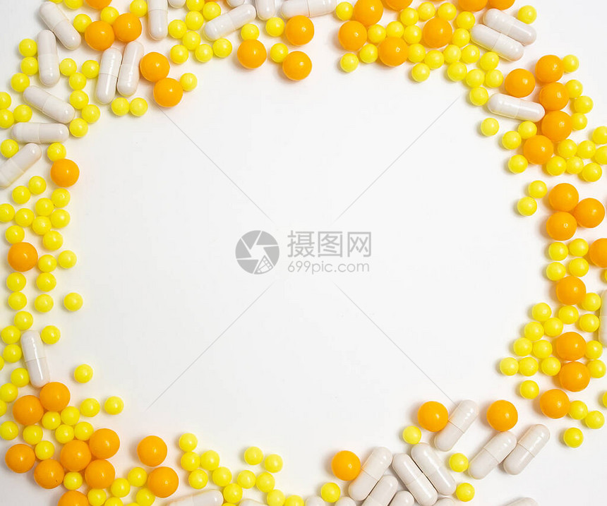 圆形框架中疾病的彩色药丸图片