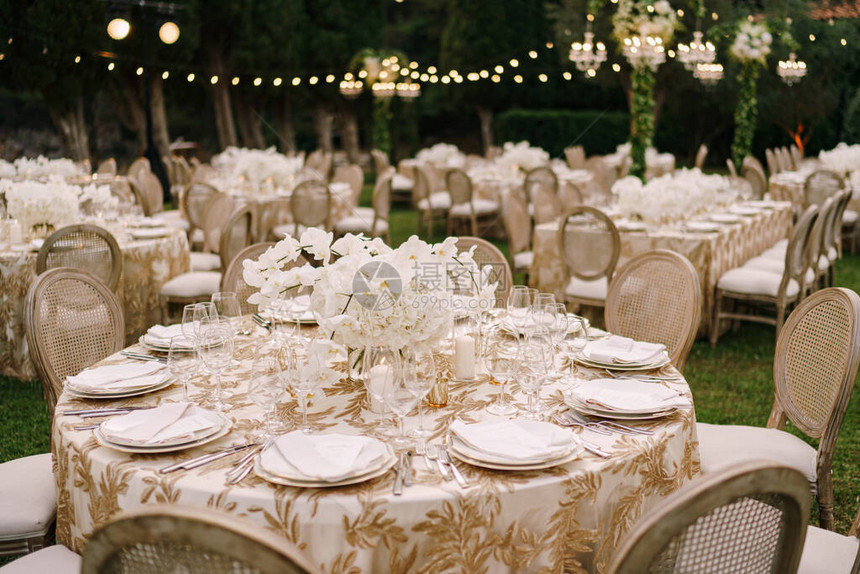 为有型态的奶油桌布绿草坪园林和花环挂在上边的客人提供优等桌子带圆背的椅图片