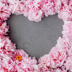 用在灰色背景上盛开的粉红色牡丹制成的心形花卉框架背景图片