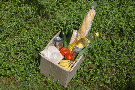 有食物的捐赠箱站在草地上图片