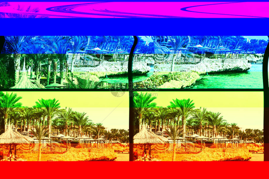 风景海滩棕榈树海以及旧电视图片