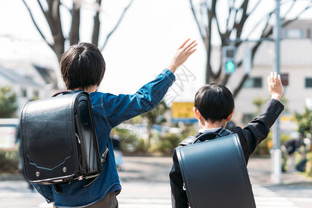 日本上小学生和一年级学生在路口举起手来背景图片
