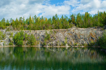 湖边岩石上的树木图片