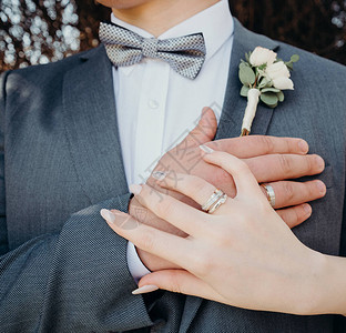 男人和女人的手与结婚戒指婚礼当天新婚夫妇图片