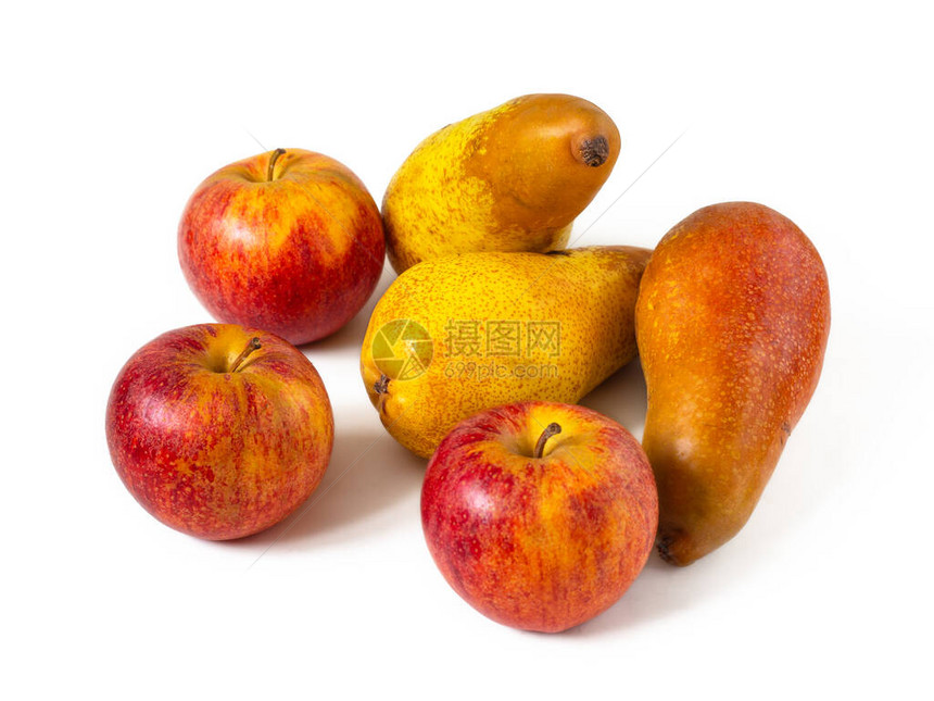 成熟的红苹果孤立的白色背景上的黄梨图片