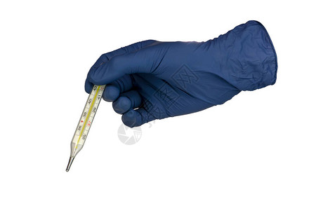 蓝色医用乳胶天然橡胶检查手套中的医生手握着白色背景中图片