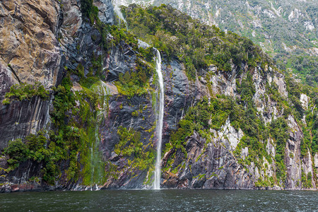 新西兰南岛Fiordland公园绿色山上的小型瀑布图片