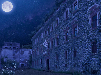 当Covid19允许自然夺回城市时与大月亮的夜景广场变成草地图片
